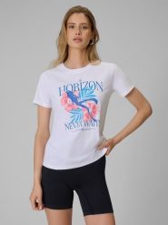 4F T-shirt regular z nadrukiem damski - biały XL. Białe t-shirty damskie 4f, xl, bez wzorów, z bawełny, bez kołnierzyka. Za 59.99 zł.