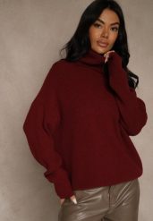 Bordowy Golf z Domieszką Wiskozy i Kaszmiru Azivara. Czerwone golfy damskie Renee, l, z aplikacjami, z jeansu, bez ramiączek. Za 129.99 zł.