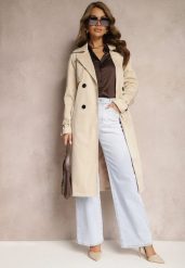 Beżowy Długi Płaszcz Trencz Dwurzędowy z Paskiem w Komplecie Sabila. Brązowe płaszcze damskie Renee, l, bez wzorów, z jeansu, eleganckie. Za 209.99 zł.
