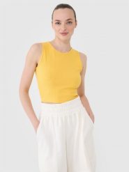 4F Crop top dzianinowy damski - żółty XS. Żółte topy damskie 4f, xs, bez wzorów, z bawełny, bez kołnierzyka. W wyprzedaży za 29.99 zł.