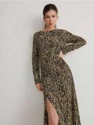 Sukienka maxi z marszczeniem - wielobarwny. Sukienki damskie Reserved, l, bez wzorów, z tkaniny, bez kołnierzyka, bez ramiączek, maxi, rozkloszowane. W wyprzedaży za 65.99 zł.