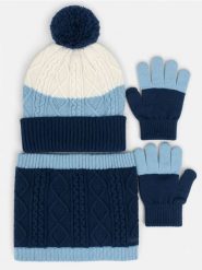 Komplet we wzór warkoczowy: czapka z pomponem, komin i rękawiczki 3 pack - wielobarwny. Szaliki dziecięce Sinsay, bez ramiączek. Za 35.99 zł.