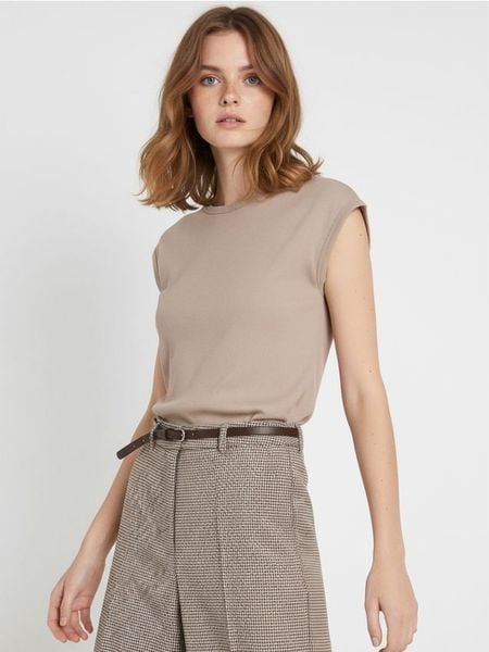 Bawełniana koszulka w prążek - beżowy. Brązowe t-shirty damskie Sinsay, l, bez wzorów, z bawełny, bez kołnierzyka. W wyprzedaży za 5.99 zł.