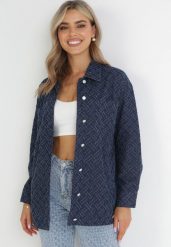 Granatowa Koszulowa Kurtka z Cyrkoniami i Geometrycznym Wzorem z Jeansu Kaiulani. Niebieskie kurtki damskie Born2be, na lato, m, bez wzorów, z jeansu, bez kaptura. Za 119.99 zł.