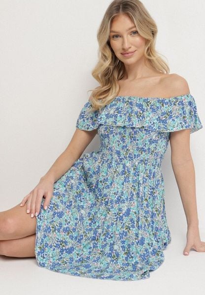 Niebieska Sukienka z Bawełny Typu Hiszpanka z Falbankami w Kwiaty Aenne. Niebieskie sukienki damskie Born2be, na imprezę, na lato, m, bez wzorów, z bawełny, eleganckie, bez kołnierzyka, bez ramiączek. Za 39.99 zł.