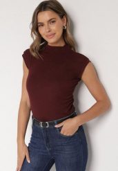 Bordowy Marszczony Top z Bawełny i Wiskozy z Półgolfem Zetalia. Czerwone topy damskie Born2be, m, bez wzorów, z bawełny, bez kołnierzyka. Za 59.99 zł.