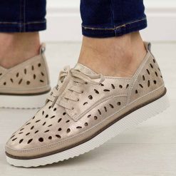 Złote ażurowe skórzane półbuty damskie S.Barski 51-611. Żółte półbuty damskie S.BARSKI, w ażurowe wzory, ze skóry, klasyczne, bez obcasa. Za 219.00 zł.