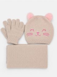 Komplet z motywem kota: czapka beanie, szalik i rękawiczki 3 pack - beżowy. Brązowe szaliki dziecięce Sinsay, bez ramiączek. Za 35.99 zł.