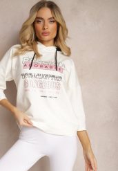 Biała Bluza z Kapturem Rękawy 7/8 Ozdobiona Napisami i Cyrkoniami Brigia. Białe bluzy z kapturem damskie Renee, xs, z jeansu. Za 39.99 zł.