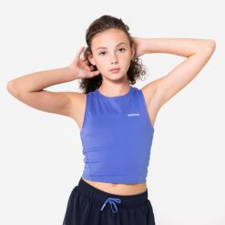 Koszulka do biegania bez rękawów dziecięca Kiprun 900 crop top. Fioletowe koszulki dziewczęce KIPRUN, l, bez wzorów, z materiału, bez ramiączek. Za 44.99 zł.