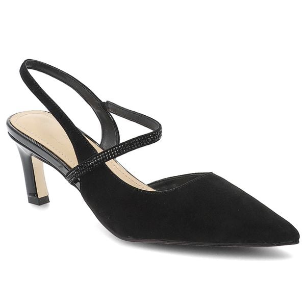 Czółenka damskie S.Barski, cholewka ze skóry naturalnej zamszowej elegancki fason slingback na stabilnym obcasie, czarne, CR61-3048. Czarne czółenka damskie S.BARSKI, z aplikacjami, ze skóry, ze szpiczastym noskiem, bez obcasa, na obcasie. Za 309.00 zł.