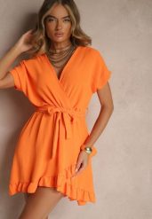 Pomarańczowa Sukienka o Rozkloszowanym Kroju z Paskiem i Falbanami Addea. Brązowe sukienki damskie Renee, bez wzorów, eleganckie, bez kołnierzyka, bez ramiączek, mini, rozkloszowane. W wyprzedaży za 67.99 zł.