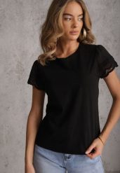 Czarny T-shirt z Bawełny z Rękawami z Koronki Hycis. Czarne t-shirty damskie Renee, m, bez wzorów, z bawełny, bez kołnierzyka. Za 69.99 zł.