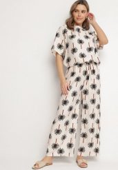 Beżowo-Czarny Wiskozowy Komplet we Wzór z Palmami Szerokie Spodnie i T-shirt Zivendra. Brązowe spodnie materiałowe damskie Born2be, bez wzorów, z wiskozy. Za 84.99 zł.
