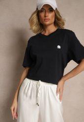 Granatowa Bawełniana Koszulka T-shirt z Małym Słonikiem Laniriel. Niebieskie bluzki damskie Renee, l, bez wzorów, z bawełny, eleganckie, bez kołnierzyka, bez ramiączek. Za 34.99 zł.
