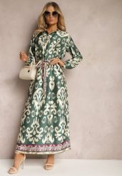 Zielona Pudełkowa Sukienka Satynowa z Paskiem w Talii w Ornamentalny Print Tarosa. Zielone sukienki damskie Renee, l, bez wzorów, z materiału, bez kołnierzyka, bez ramiączek, maxi. W wyprzedaży za 104.99 zł.