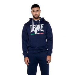 Bluza z bawełna z kaptur na trening na czas wolny. Niebieskie bluzy sportowe męskie LEONE 1947 APPAREL, bez wzorów, z bawełny, sportowe, bez kołnierzyka, bez ramiączek. W wyprzedaży za 136.83 zł.