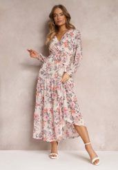 Beżowa Sukienka Maxi z Kopertowym Dekoltem i Gumką z Wiązaniem w Talii Alret. Brązowe sukienki damskie Renee, l, bez wzorów, bez kołnierzyka, bez ramiączek, maxi, kopertowe. Za 99.99 zł.