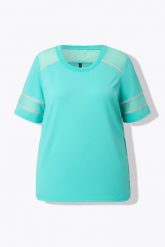 Damskie Bluzka funkcyjna wstawki z siateczki okrągły dekolt rękaw 1/2. Zielone bluzki sportowe damskie Ulla Popken, plus size, z dżerseju, bez kołnierzyka, bez ramiączek. Za 199.99 zł.