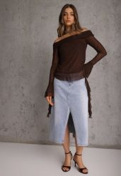 Niebieska Spódnica Jeansowa z Bawełną High Waist i Rozcięciem na Nogę Cinadessa. Niebieskie spódniczki damskie Renee, l, bez wzorów, z bawełny, z podwyższonym stanem, midi. Za 119.99 zł.