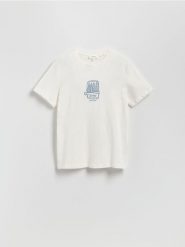 T-shirt regular z lnem - złamana biel. T-shirty męskie Reserved, l, bez wzorów, z dzianiny, bez kołnierzyka. W wyprzedaży za 79.99 zł.