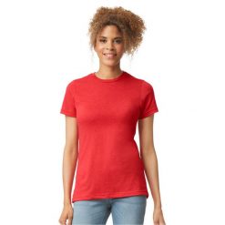 Koszulka Damska Softstyle CVC. Czerwone bluzki damskie Gildan, m, bez wzorów, sportowe, bez kołnierzyka, bez ramiączek. Za 34.99 zł.