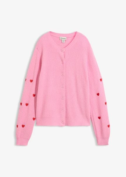 Sweter rozpinany z haftem w serca. Czerwone kardigany damskie bonprix, bez wzorów. Za 149.99 zł.