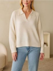 Sweter z kołnierzem - kremowy. Białe swetry klasyczne damskie Sinsay, l, bez kołnierzyka. Za 39.99 zł.