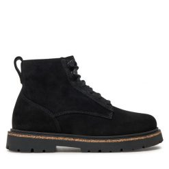 Botki Birkenstock. Czarne botki damskie Birkenstock, ze lnu, bez obcasa, na płaskiej podeszwie, bez zapięcia. Za 759.99 zł.