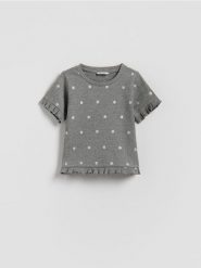 Bawełniany t-shirt z nadrukiem - ciemnoszary. Szare koszulki dziewczęce Reserved, m, bez wzorów, z bawełny, bez ramiączek. Za 35.99 zł.