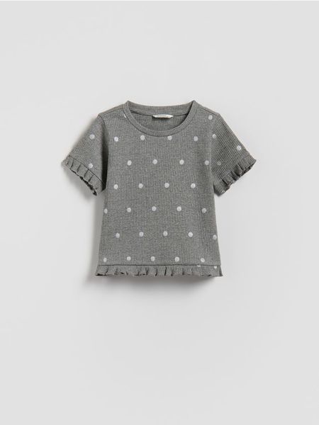 Bawełniany t-shirt z nadrukiem - ciemnoszary. Szare koszulki dziewczęce Reserved, m, bez wzorów, z bawełny, bez ramiączek. Za 35.99 zł.