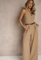 Ciemnobeżowy Taliowany Kombinezon z Guzikami Nilaviella. Brązowe kombinezony damskie Renee, m, bez wzorów, eleganckie, bez kołnierzyka, bez ramiączek, długie. Za 119.99 zł.