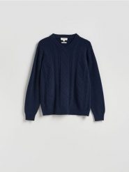 Strukturalny sweter z wełną - granatowy. Niebieskie swetry męskie Reserved, l, bez wzorów, z dzianiny, bez kołnierzyka. Za 219.99 zł.