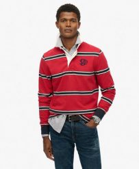 Superdry Vintage Athletic Stripe Rugby Top z organicznej bawełny – Czerwone pasy. Czerwone topy sportowe damskie Superdry., s, z aplikacjami, z bawełny, bez ramiączek. Za 338.70 zł.