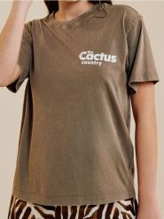 Bawełniana koszulka loose fit z motywem kaktusa - beżowy. Brązowe t-shirty damskie Sinsay, l, bez wzorów, z bawełny, bez ramiączek. Za 25.99 zł.