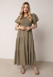 Ciemnozielona Wiskozowa Sukienka z Bufiastymi Rękawami i Marszczoną Górą Liones. Zielone sukienki damskie Born2be, na co dzień, na lato, uniwersalny, bez wzorów, z jeansu, wakacyjne, bez kołnierzyka, bez ramiączek, maxi, proste. Za 89.99 zł.