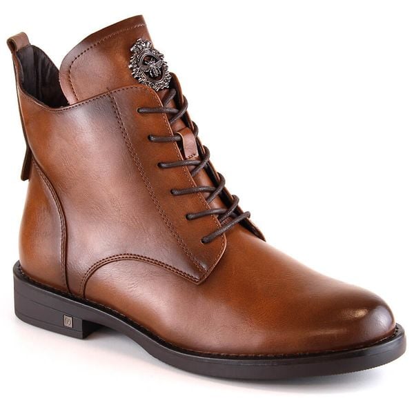 Botki damskie sznurowane i na zamek brązowe Potocki SZ12179. Brązowe botki damskie POTOCKI, ze skóry ekologicznej, bez obcasa, bez zapięcia. Za 189.99 zł.