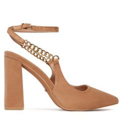 Sandały DeeZee. Brązowe sandały damskie DeeZee, bez wzorów, bez obcasa, na słupku. Za 149.99 zł.