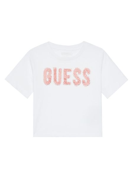 Guess T-Shirt J5YI47 K8HM4 Biały Relaxed Fit. Białe koszulki dziewczęce Guess, z aplikacjami, z bawełny, bez ramiączek. Za 69.99 zł.