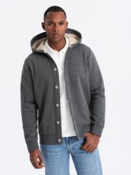 Męska bluza dresowa z kapturem zapinana na guziki – grafitowy melanż V4 OM-SSZP-0186 - XXL. Szare bluzy z kapturem męskie Ombre Clothing, l, z bawełny. Za 143.99 zł.