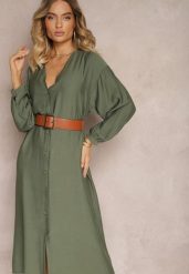 Ciemnozielona Sukienka w Stylu Koszulowym z Bufiastymi Rękawami i Wiskozą Denisea. Zielone sukienki damskie Renee, na spotkanie biznesowe, bez wzorów, z tkaniny, eleganckie, bez kołnierzyka, bez ramiączek, midi, koszulowe. W wyprzedaży za 95.99 zł.