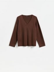 Sweter z lyocellem - ciemnobrązowy. Brązowe swetry klasyczne damskie Reserved, l, z dzianiny, bez kołnierzyka. Za 139.99 zł.