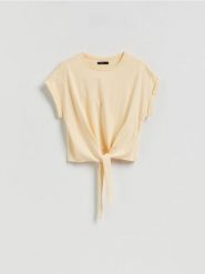 T-shirt z wiązaniem - jasnożółty. Żółte t-shirty damskie Reserved, l, bez wzorów, z bawełny, bez kołnierzyka. Za 49.99 zł.