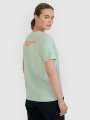 4F T-shirt oversize z nadrukiem damski - turkusowy XS. Niebieskie t-shirty damskie 4f, uniwersalny, bez wzorów, z bawełny, bez kołnierzyka. W wyprzedaży za 29.99 zł.