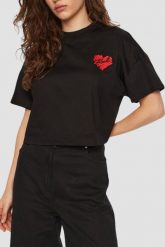 KARL LAGERFELD Czarny damski top Hearts Cropped. Czarne topy damskie Karl Lagerfeld, xs, bez wzorów, z materiału, bez kołnierzyka. W wyprzedaży za 289.99 zł.
