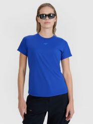 4F Koszulka rowerowa szybkoschnąca damska - niebieska L. Niebieskie bluzki sportowe damskie 4f, l, bez wzorów, z materiału, bez ramiączek. W wyprzedaży za 79.99 zł.
