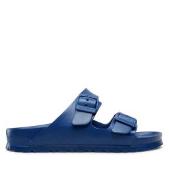 Klapki Birkenstock. Niebieskie klapki damskie Birkenstock, bez wzorów, bez obcasa. Za 189.99 zł.