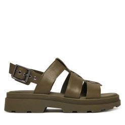 Sandały Clarks. Zielone sandały damskie Clarks, bez wzorów, bez obcasa, na płaskiej podeszwie. Za 389.99 zł.