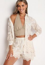 Beżowy Bawełniany Komplet z Haftowanej Tkaniny Koszula z Guzikami i Krótkie Szorty z Frędzlami Kolbia. Brązowe koszule damskie Born2be, bez wzorów, z bawełny, eleganckie. Za 209.99 zł.