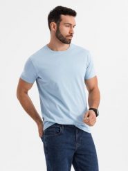 T-shirt męski klasyczny bawełniany BASIC - jasnoniebieski V19 OM-TSBS-0236 - XXL. Niebieskie t-shirty męskie Ombre Clothing, l, bez wzorów, z bawełny, bez kołnierzyka. W wyprzedaży za 39.99 zł.